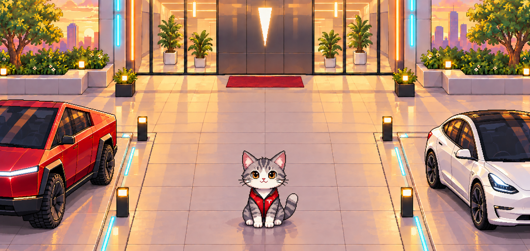 TORA sitting in a pixel-art showroom between a Cybertruck and a Model 3